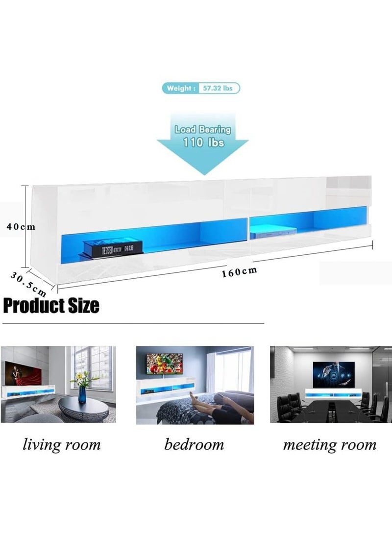 CityRiya-Long Floating TV Stand, 160cm TV Table, Wall Mounted Tv Shelf with Led Lights, Entertainment Center Media Console Table with Storage for Living Room, TV Cabinet for 65/75/80 inch Television (White) - Image 2